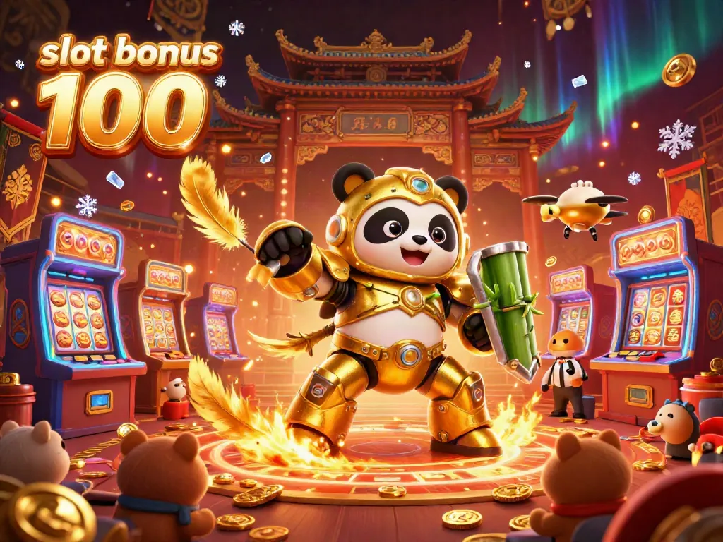 The dynamic casino scene showcases a mech-suit golden panda in battle, celebrating with vibrant slot bonus 100 symbols, amid cheering animal spectators.