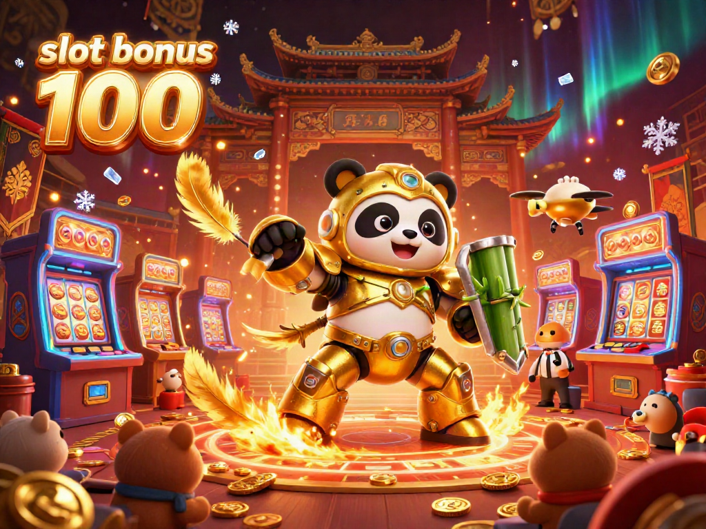 The dynamic casino scene showcases a mech-suit golden panda in battle, celebrating with vibrant slot bonus 100 symbols, amid cheering animal spectators.