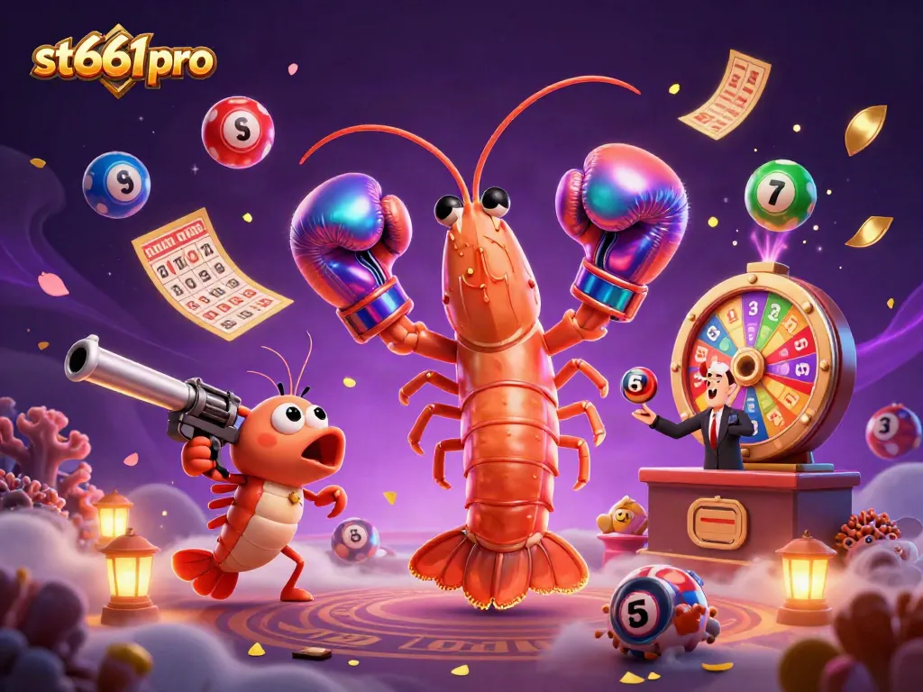 st666pro showcases vibrant lottery action with animated shrimp characters in dynamic casino setting