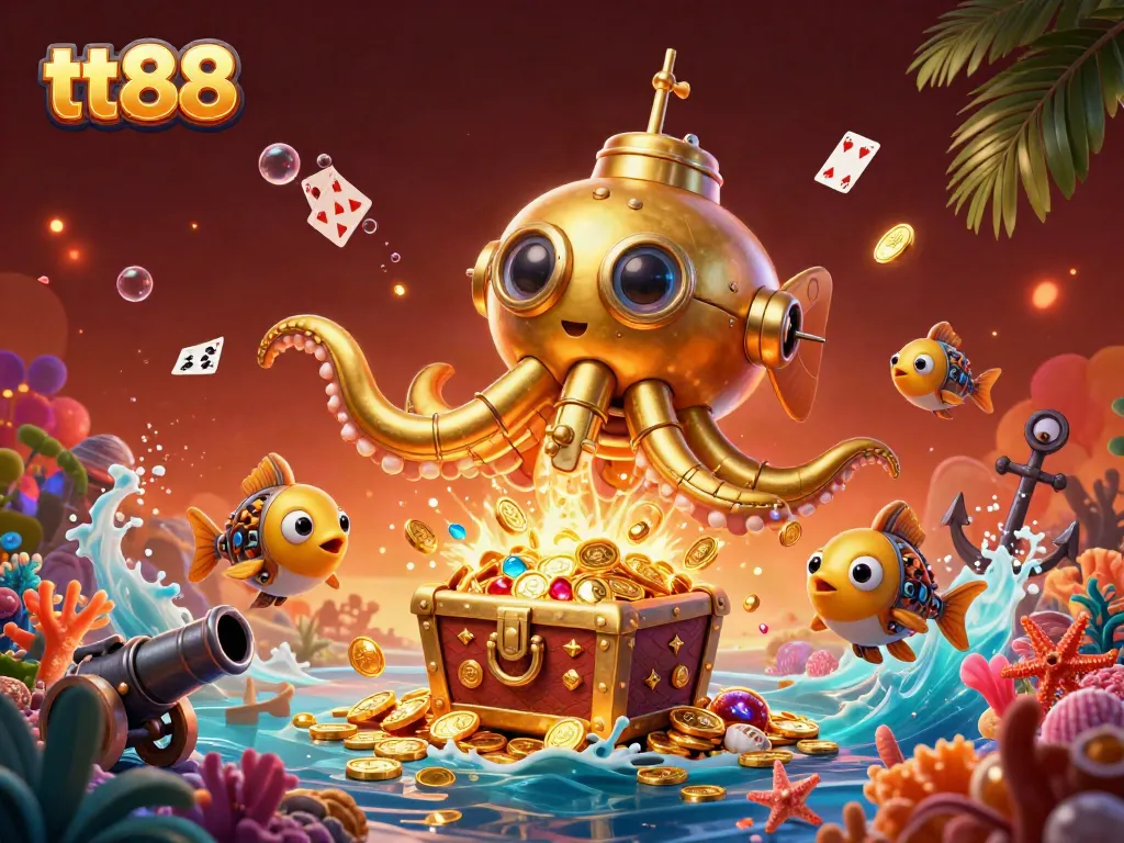 Engage with thrilling casino action at tt88 featuring a golden kraken submarine amidst floating playing cards and treasure.