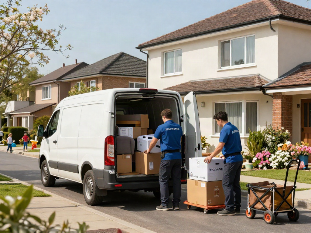 House clearness is exemplified by a professional removal team efficiently loading furniture into a van outside a suburban home.