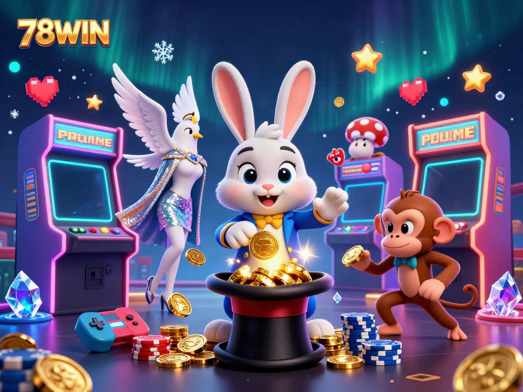 Experience the exciting world of 78WIN with a magical rabbit pulling coins, engaging characters, and bright casino gaming elements.