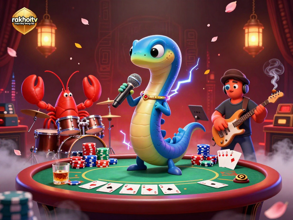 Experience the excitement of rakhoitv trực tiếp bóng đá with a vibrant electric eel DJ and a lively casino scene filled with poker elements.