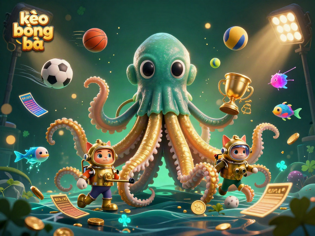 Experience thrilling sports betting with kèo bóng đá, featuring a kraken, diving cat, and vibrant sports elements.