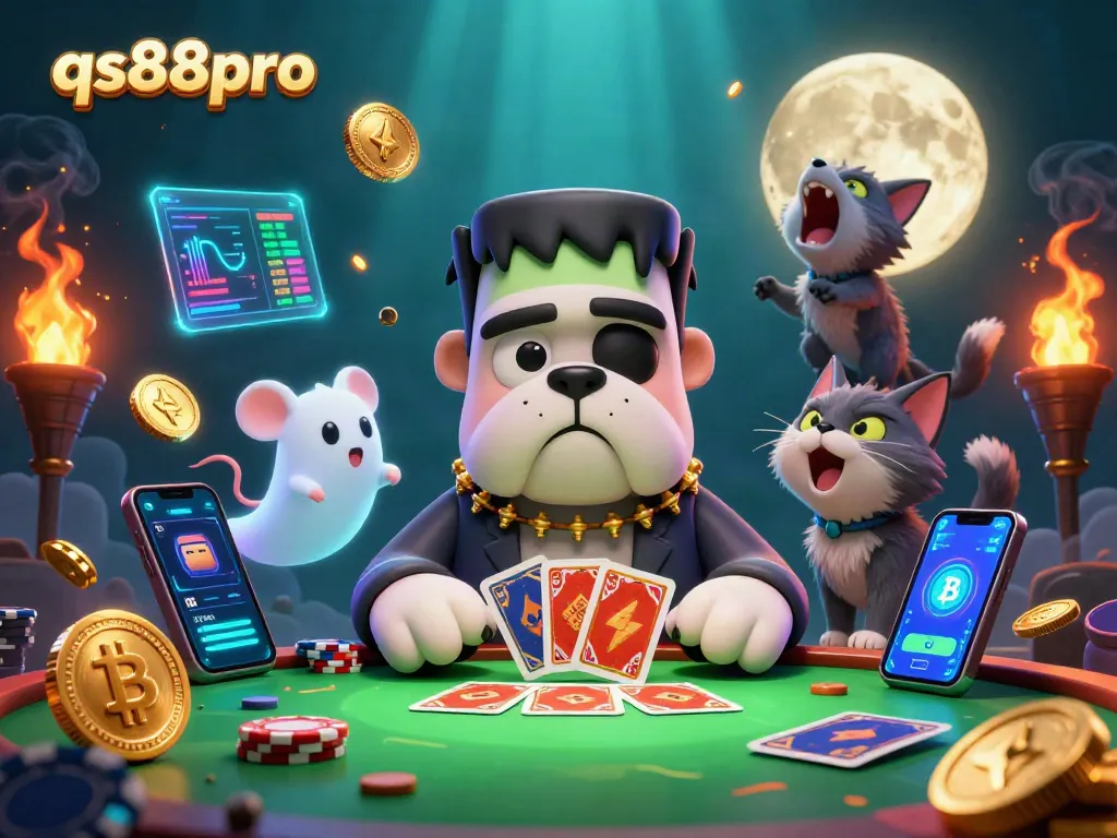 Engage in thrilling gameplay with qs88pro at a spooky casino table, featuring unique characters.
