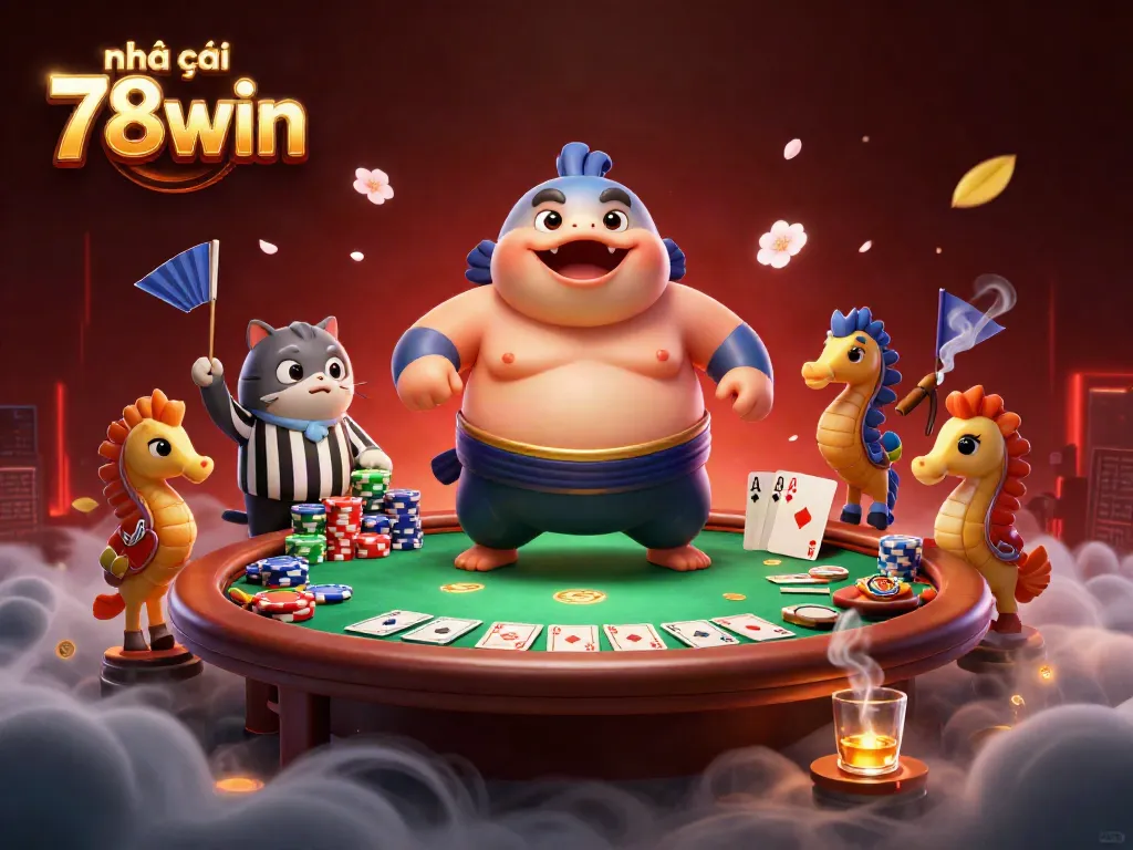 Engage with nhà cái 78win through a vibrant 3D casino scene featuring unique gambling characters and elements.