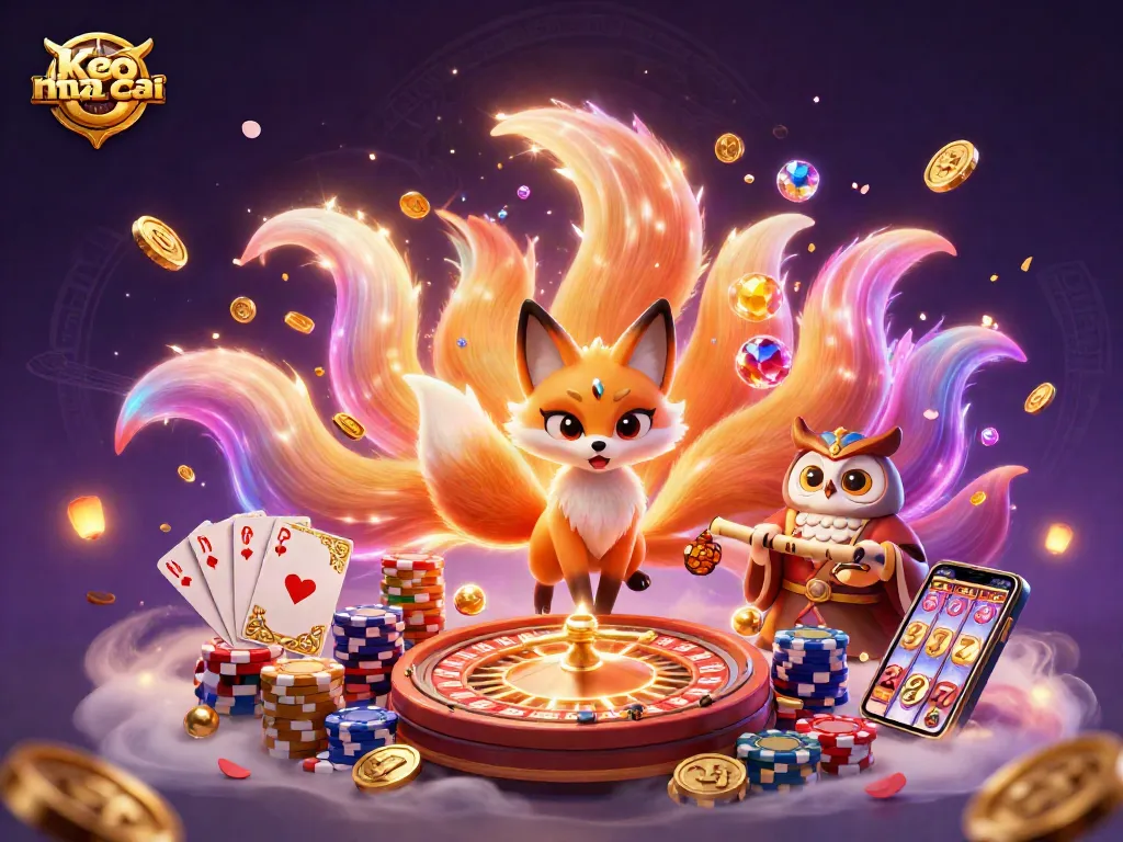 Engage with keo nha cai through a dynamic scene of a nine-tailed fox and owl amidst vibrant gaming elements.