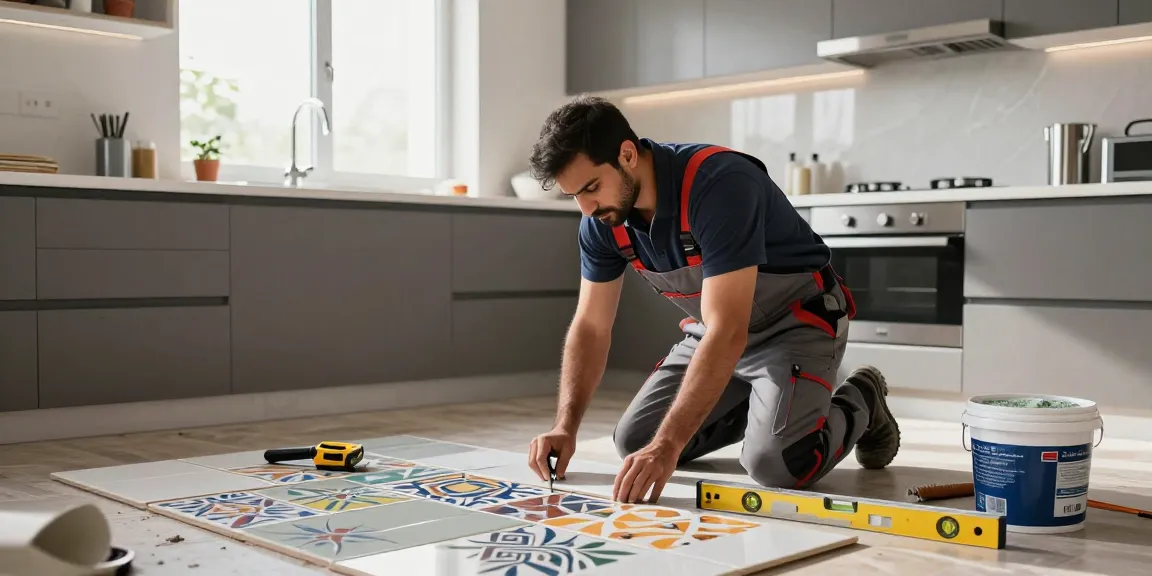 معلم سيراميك باكستاني يقوم بتركيب السيراميك في مطبخ حديث بدقة واحترافية.