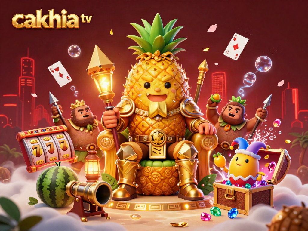 Cakhia TV features a golden pineapple king and casino elements in a vibrant digital scene.