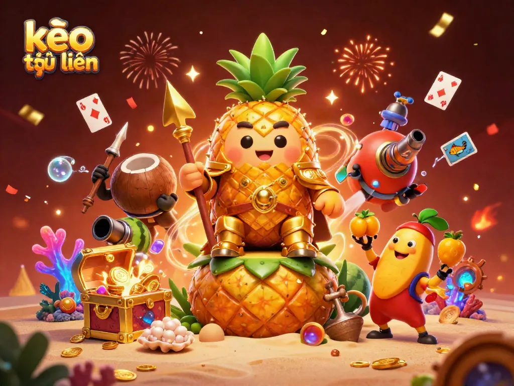 Engage in exhilarating kèo trực tuyến with a vibrant, cartoon-style illustration featuring a pineapple king and tropical action.