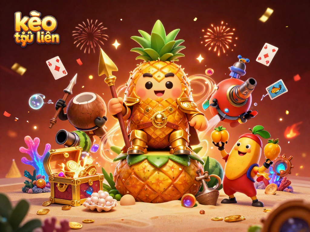 Engage in exhilarating kèo trực tuyến with a vibrant, cartoon-style illustration featuring a pineapple king and tropical action.