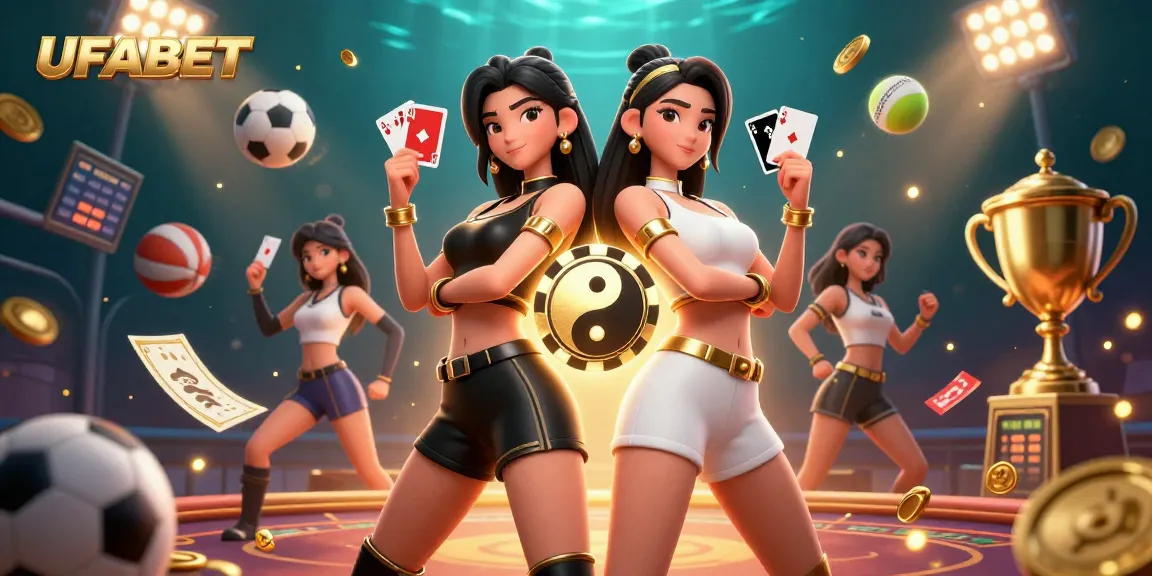 Bet on UFABET with stunning visuals of casino-themed twin Asian women holding cards.