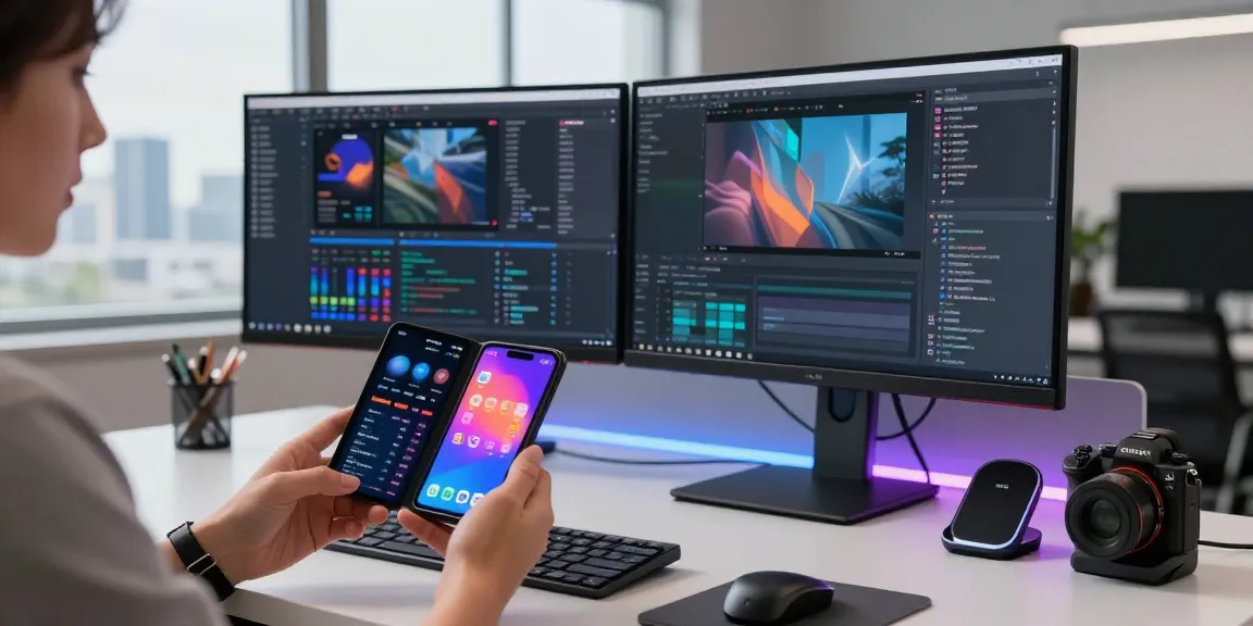 Engaged user interacting with a tri-fold phone alongside dual monitors in a modern tech workspace.