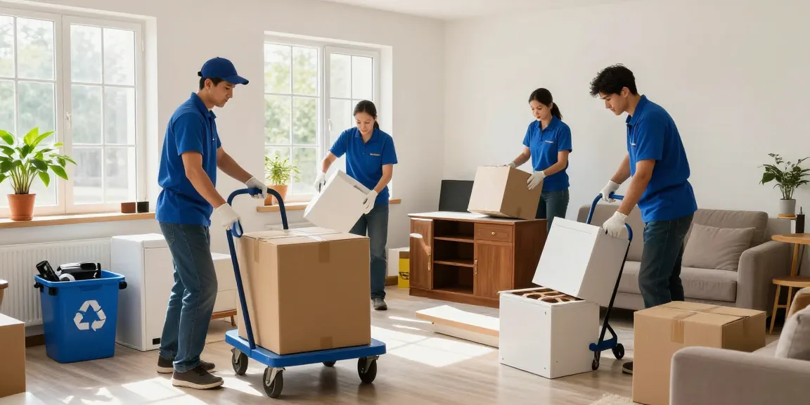 House clearance service team removing clutter and furniture from a living room, emphasizing eco-friendly disposal practices.