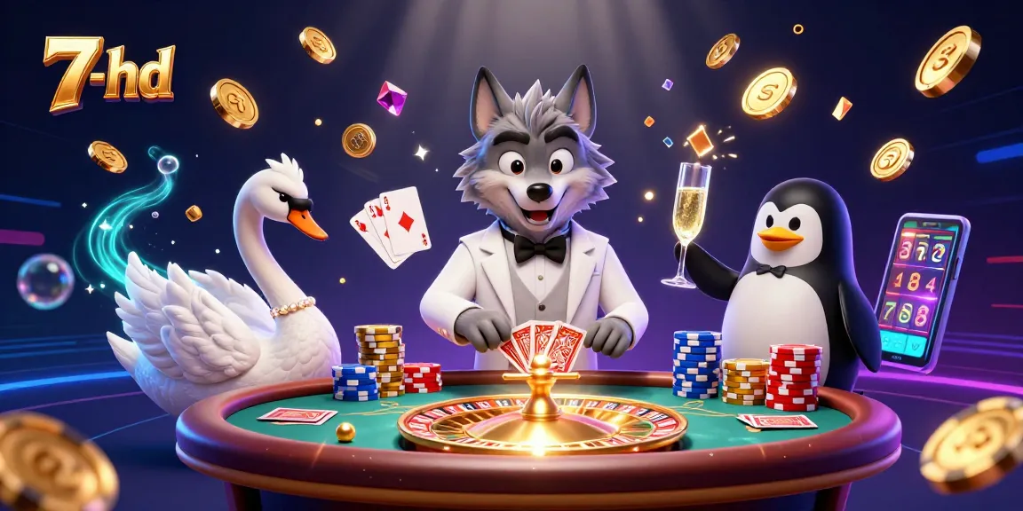 Experience winning moments with 7-hd as a debonair wolf, elegant swan, and sophisticated penguin at a casino table.
