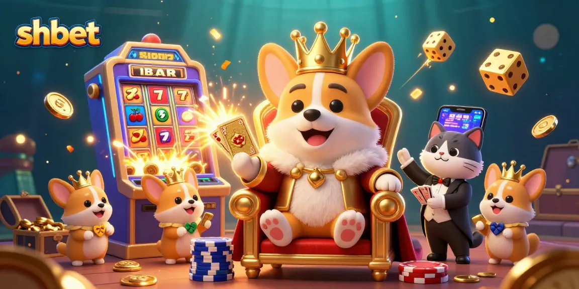 Experience the excitement of shbet's impressive casino scene with a royal corgi on a poker throne.
