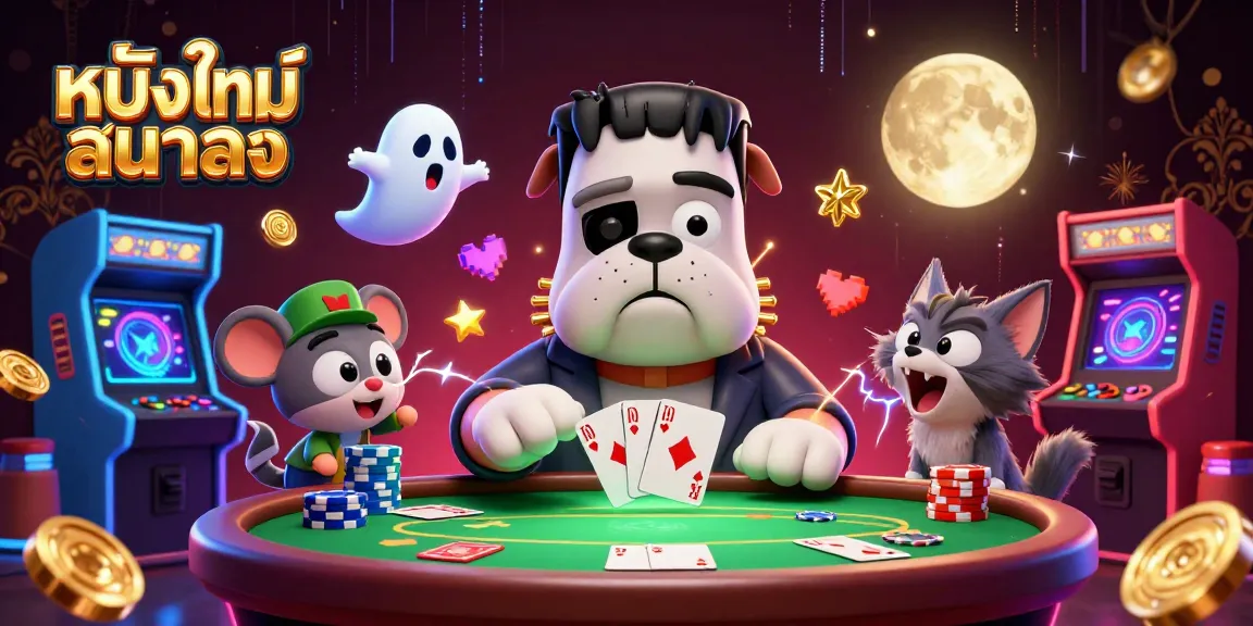 การ์ตูน Frankenstein bulldog สวมหมวกฟักทองเพื่อเล่นคาสิโนออนไลน์ หนังใหม่ชนโรง ในการ์ตูน 3D