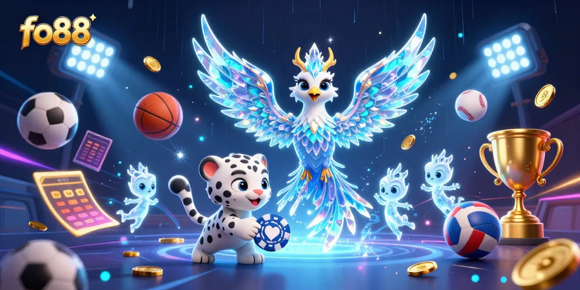 Experience fo88's stunning online gaming world with an ice phoenix and snow leopard in dynamic action.