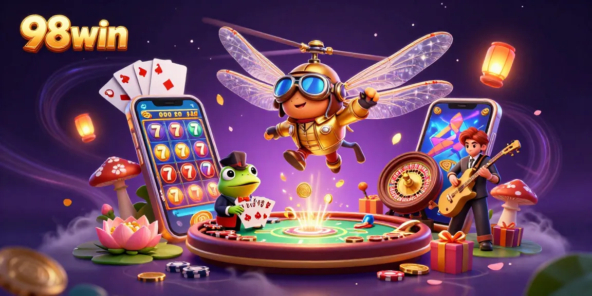 Experience thrilling gameplay at 98win with a colorful scene of cards and slots in action!