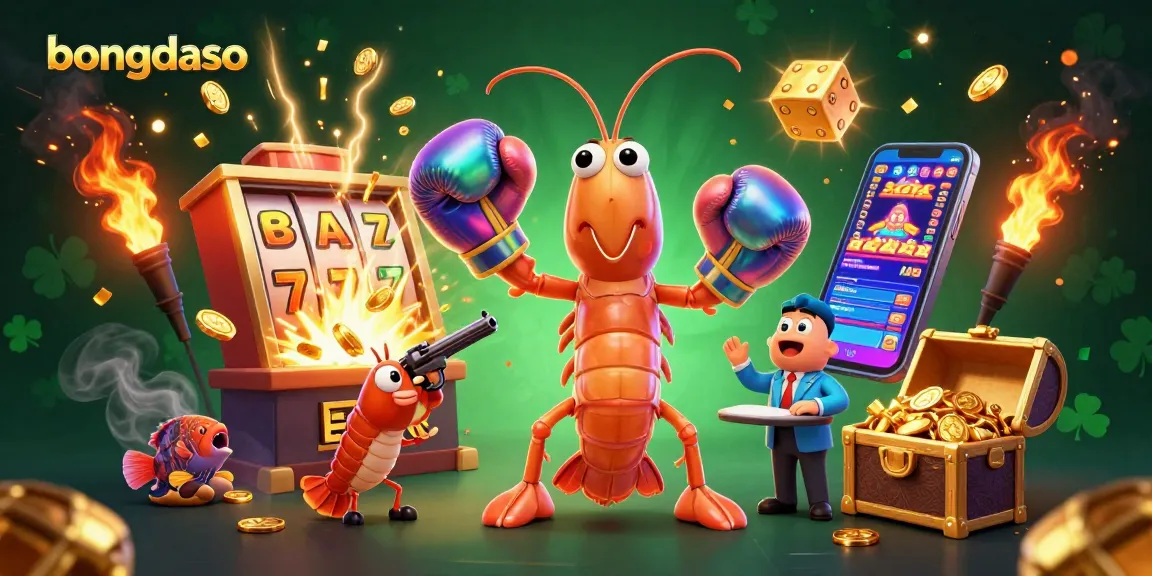 Bongdaso engages players with iconic shrimp characters amid a colorful casino jackpot scene.