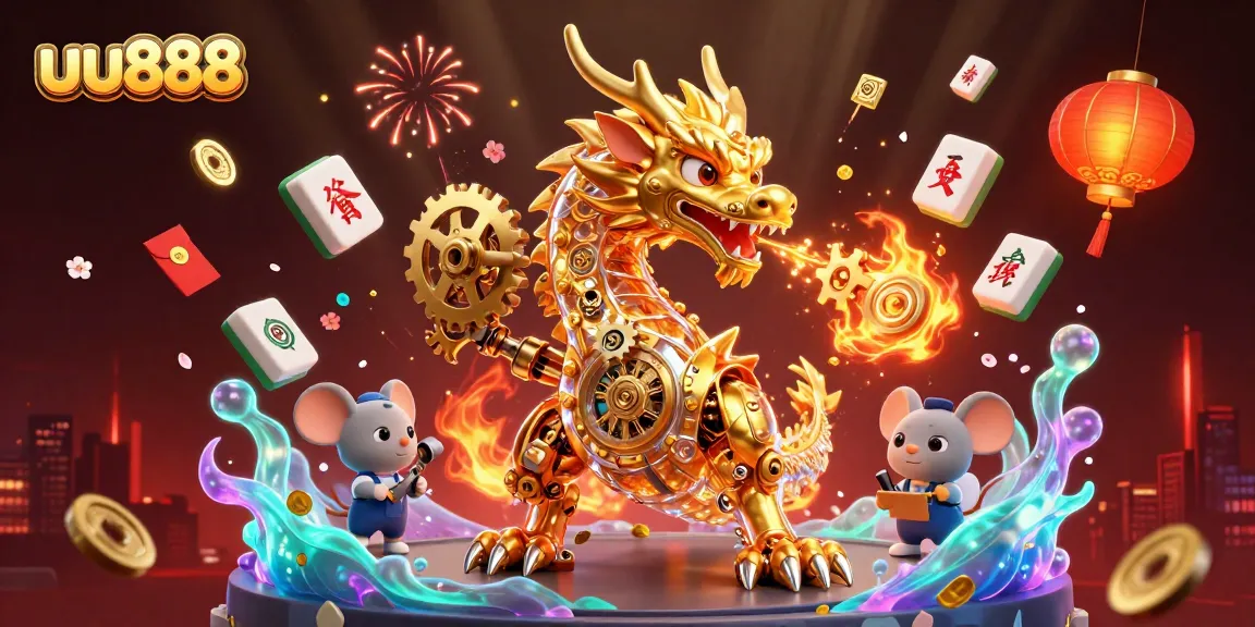 Experience the thrilling essence of uu888 gaming with vibrant casino elements and a golden dragon.