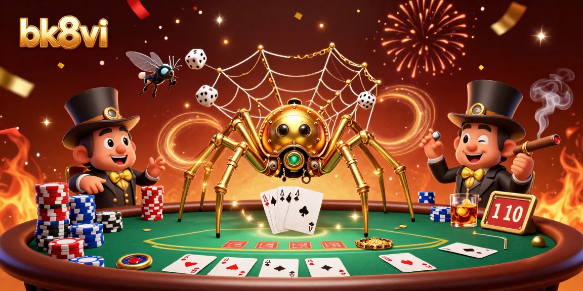 Engage with the thrilling bk8vi casino scene, showcasing a dynamic steampunk spider amidst golden poker elements.