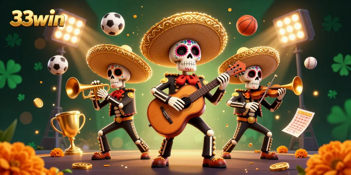 Experience winning at 33win with a vibrant 3D illustration featuring mariachi band and dynamic sports elements.