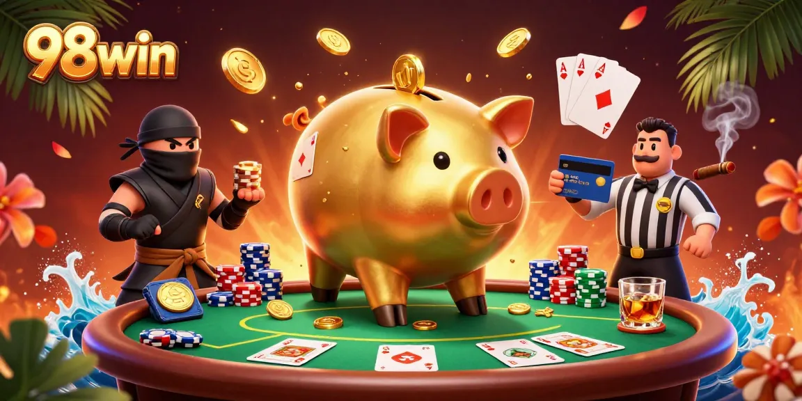 Experience the thrill of 98win with dynamic characters battling amid poker action and golden coins.