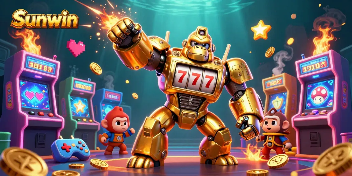 Experience Sunwin's thrilling gaming world with an explosive mech and colorful arcade elements.