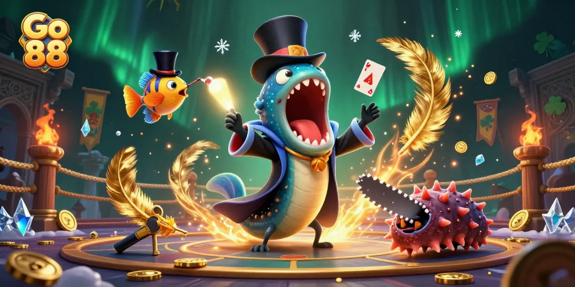 Go 88 showcases a vibrant underwater casino scene with animated characters performing interactive magic tricks amidst dazzling casino elements.