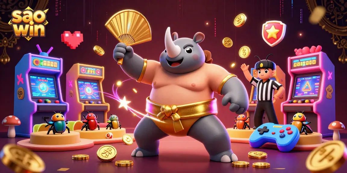 Sao win promotes exciting casino gameplay with a vibrant 3D beetle championship scene.