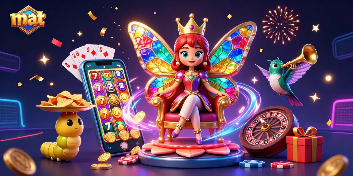 Experience thrilling casino action with the butterfly queen at mat, surrounded by vibrant slot games and golden coins.