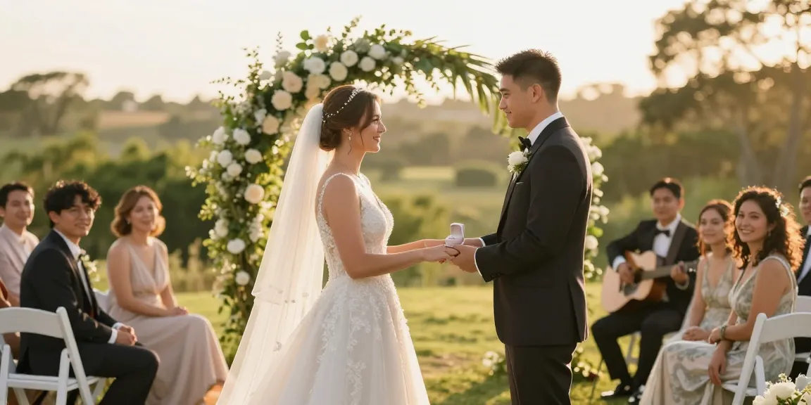 Wedding ring on bride's hand during romantic outdoor ceremony showing love and commitment.