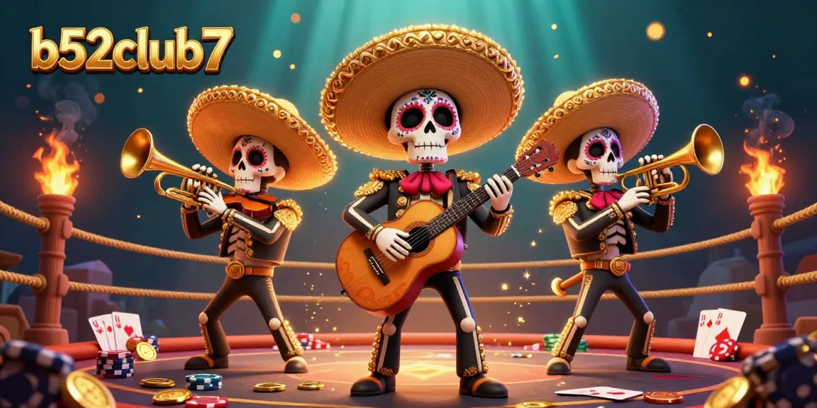Engage with the vibrant atmosphere of b52club7 featuring a lively mariachi band, poker tables, and gold betting tokens.