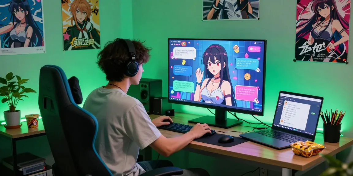 Engaging user in a vibrant hentai AI chat session, surrounded by anime decor and glowing lights
