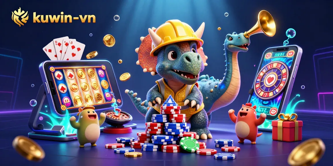 kuwin-vn players enjoying the casino experience with vibrant slot games and poker chips
