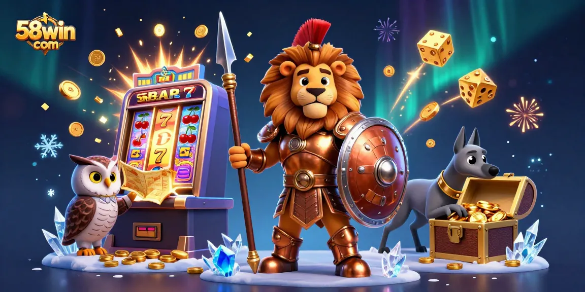 Experience the thrill of 58win com with a vibrant casino illustration featuring slots and characters.