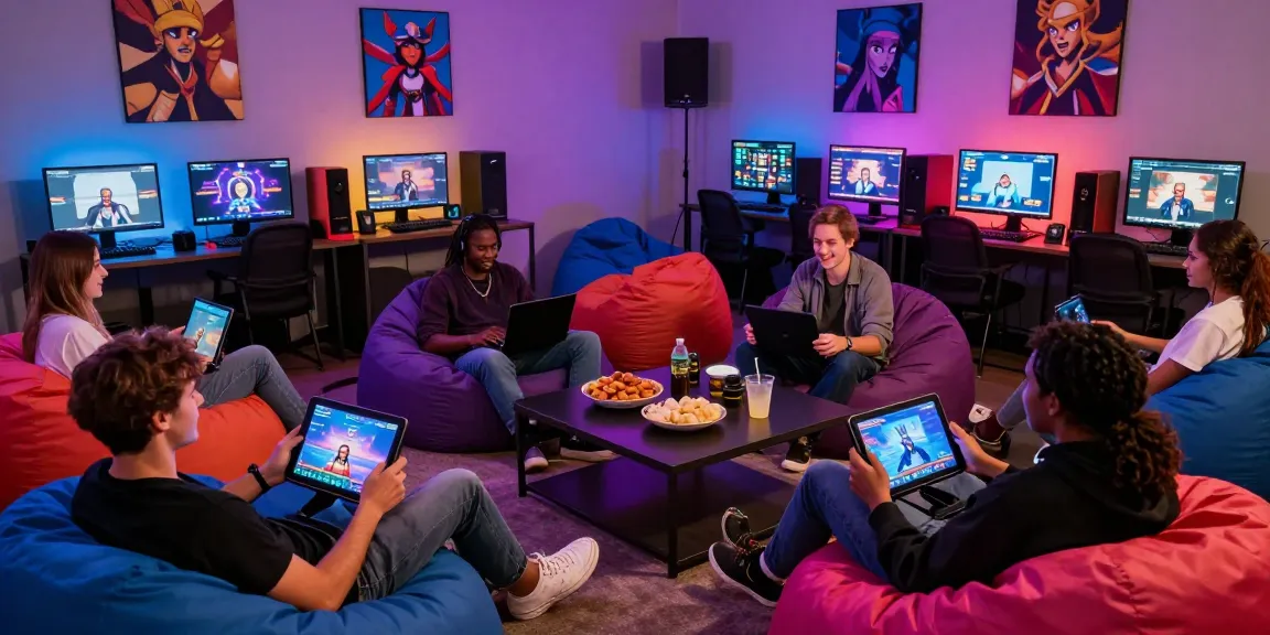 Engaged friends play hentai games in vibrant gaming lounge setting