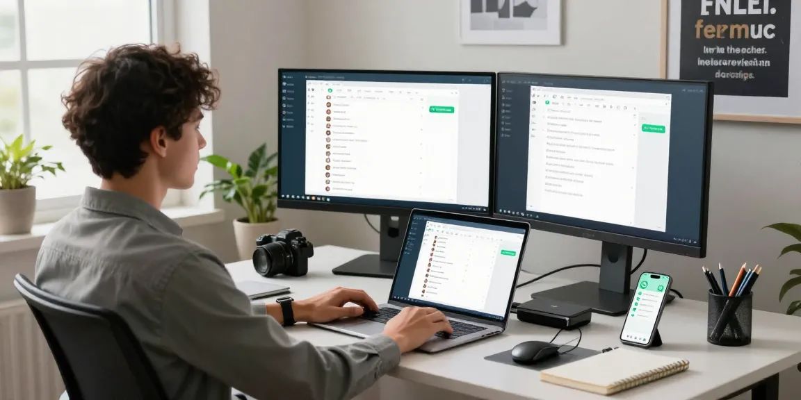 Using WhatsApp電腦版 on a modern desk with dual monitors in a bright office environment.