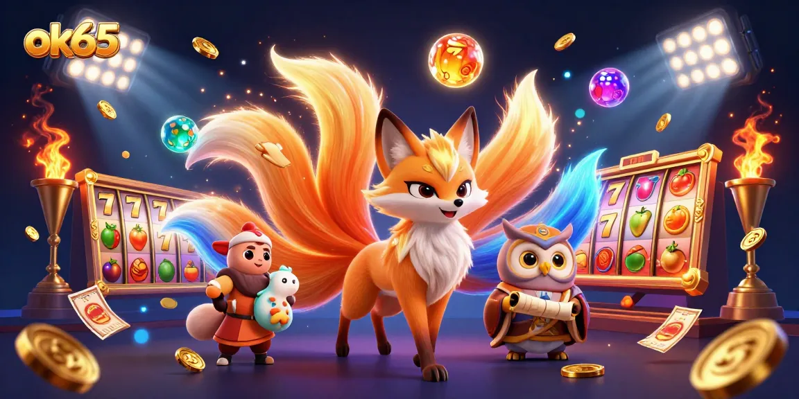 Experience the excitement of gaming with ok65, featuring vibrant slot elements and a mystical fox spirit.