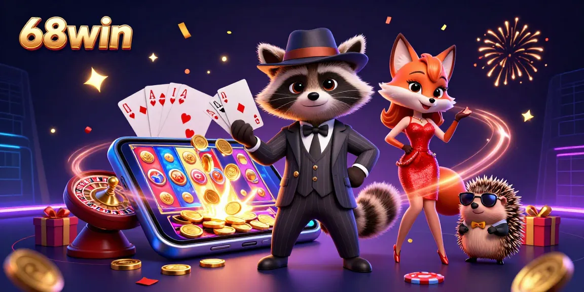 Experience the thrill of 68win with a raccoon holding a royal flush amidst dazzling casino elements.