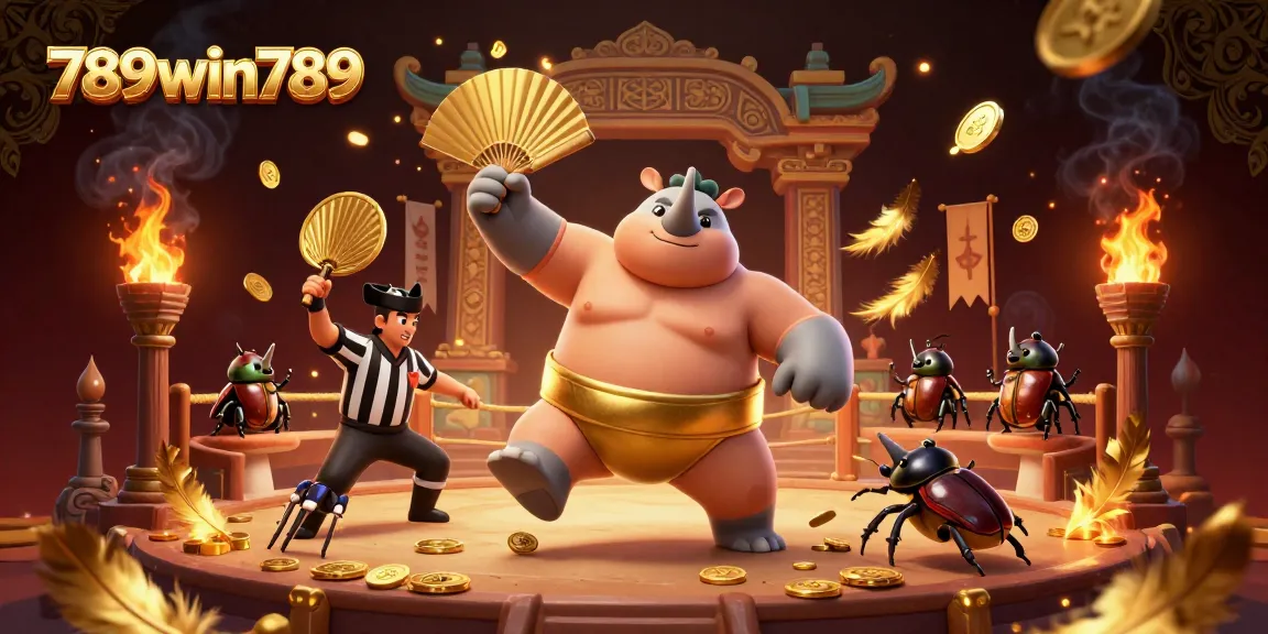 Experience the excitement of 789win789 with a dynamic beetle sumo champion amidst golden coins and casino elements.