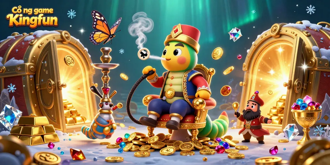 Cổng game Kingfun offers vibrant gambling visuals with poker symbols and treasure elements.