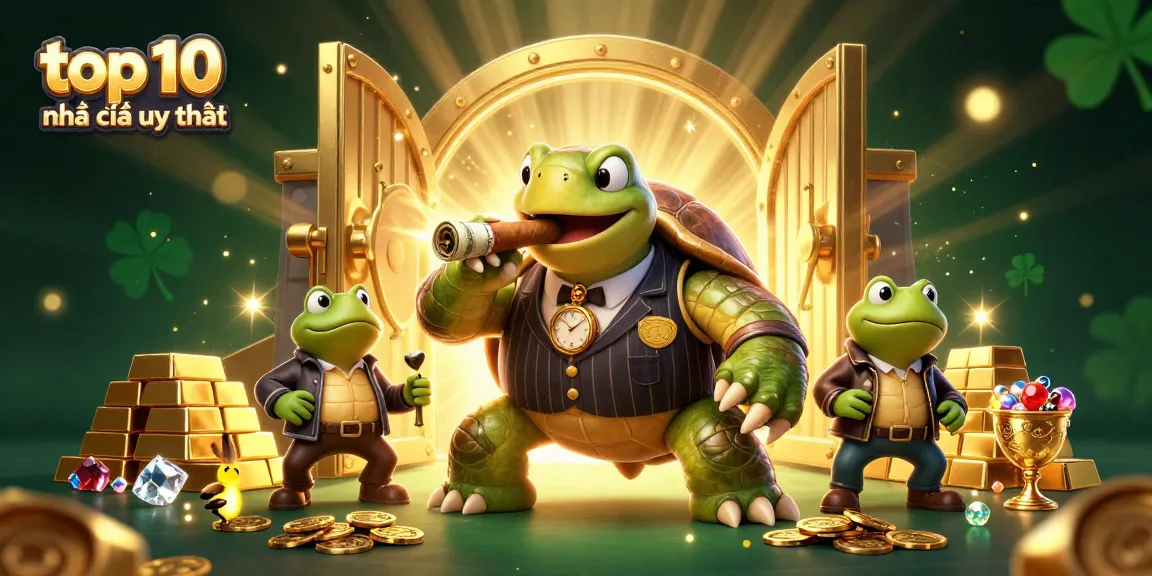 Engage with top 10 nhà cái uy tín featuring a dapper turtle and bullfrog enforcers in a dynamic casino scene.