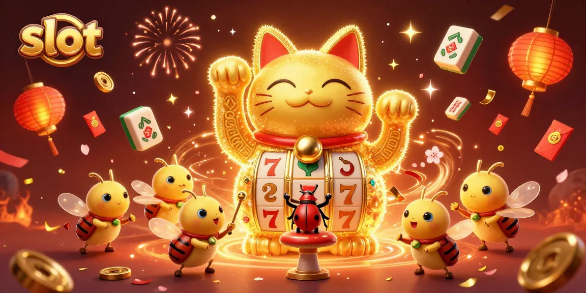 Engage with dynamic slot symbol action featuring a lucky cat and fireflies celebrating wins.