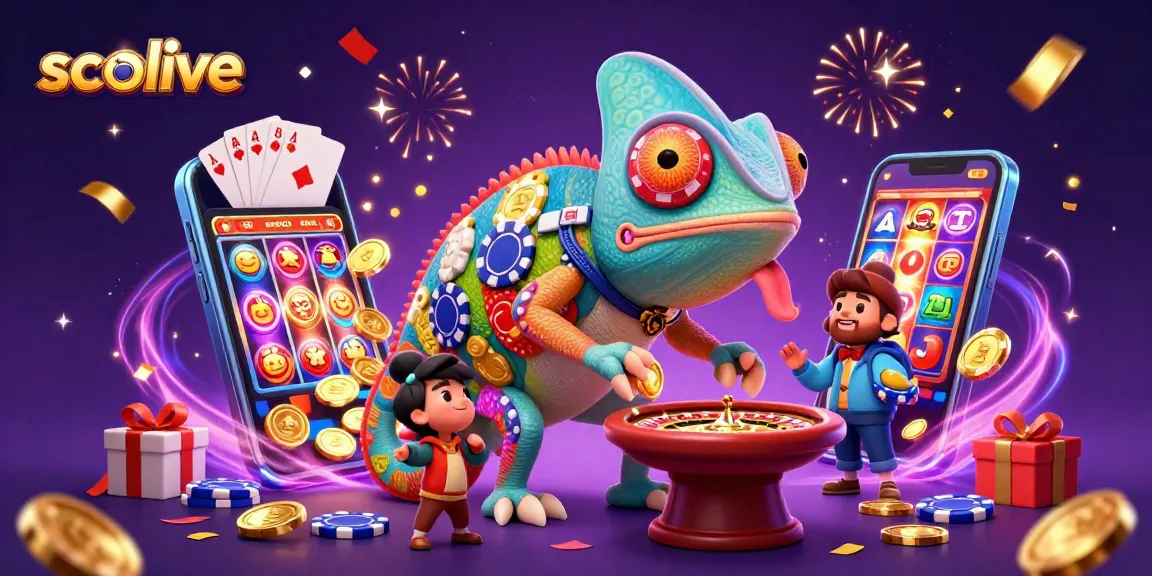 Experience the excitement of socolive with a vibrant chameleon casino owner amidst dynamic gambling elements.