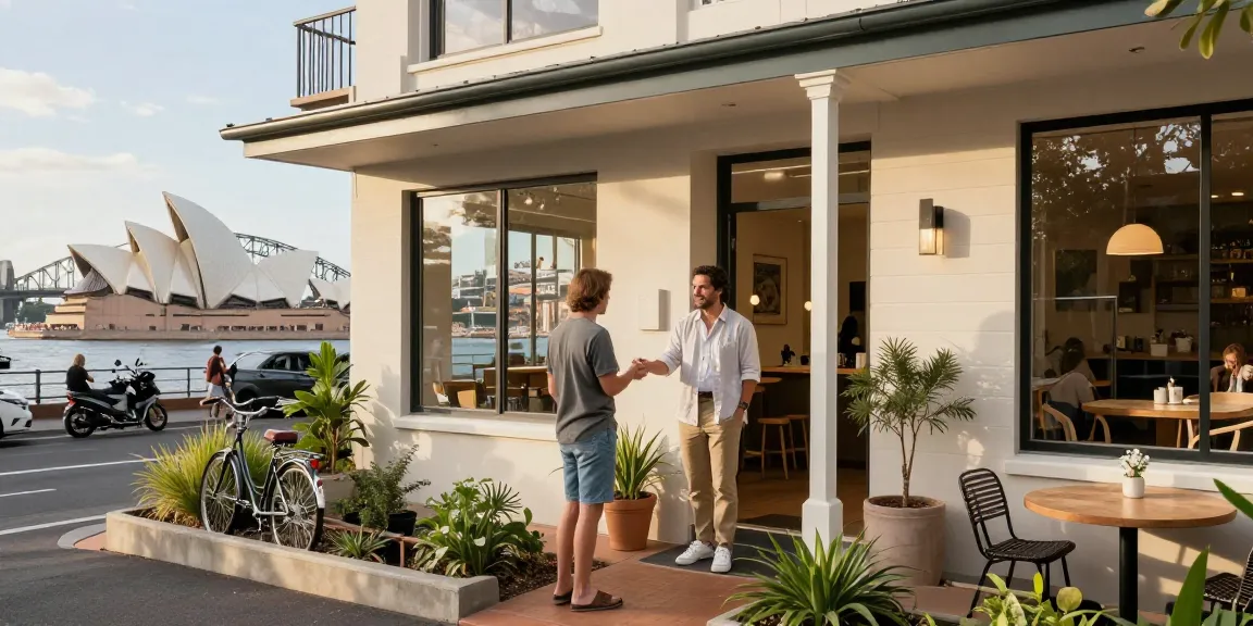 Managed Airbnb hosting in Sydney showcased with inviting street scene and welcoming host.