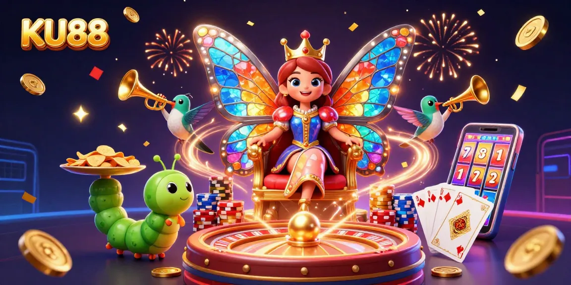 KU88 players celebrate winning with vibrant casino elements in a 3D illustrated scene.