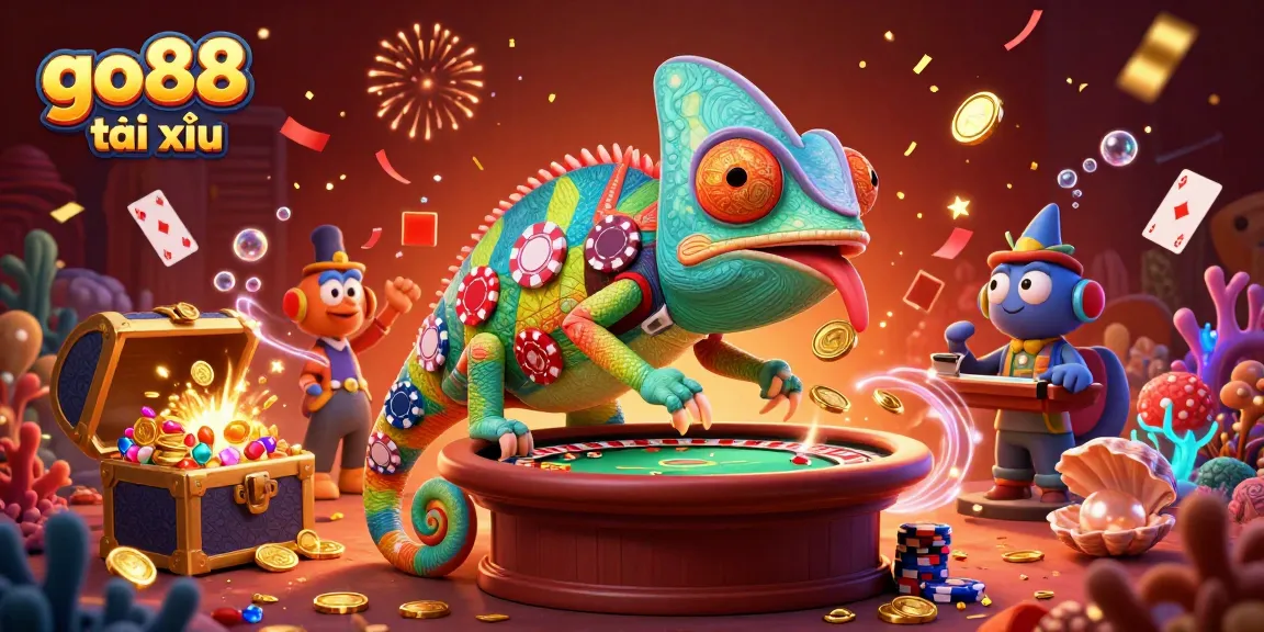 Engage with go88 tài xỉu at a vibrant casino scene featuring a chameleon owner collecting coins.