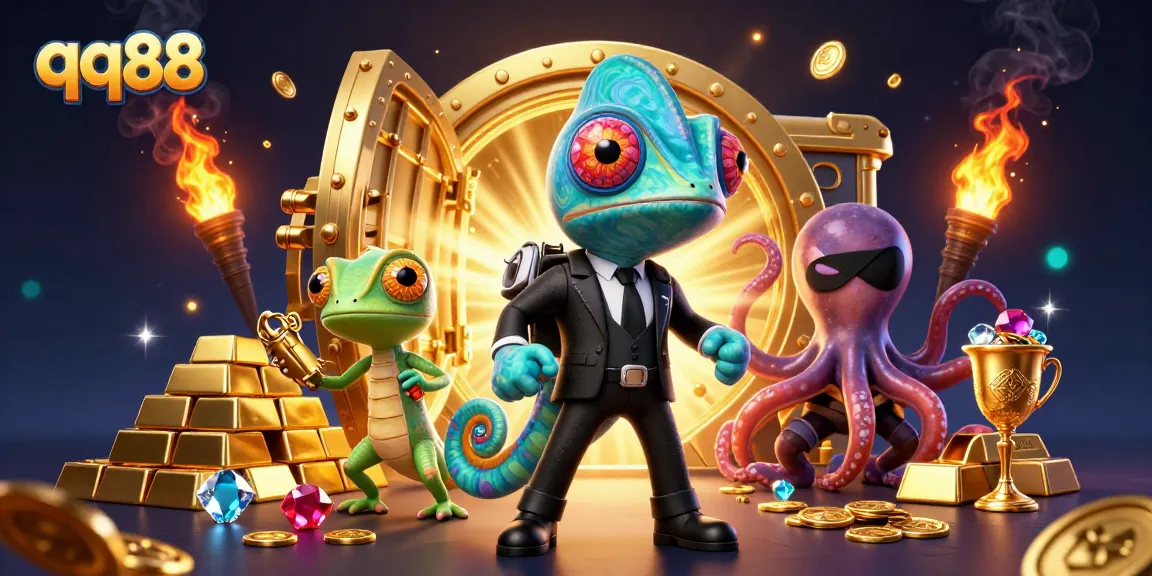 Engage in thrilling gameplay at qq88 with a high-stakes betting scene featuring vibrant characters and dazzling treasures.